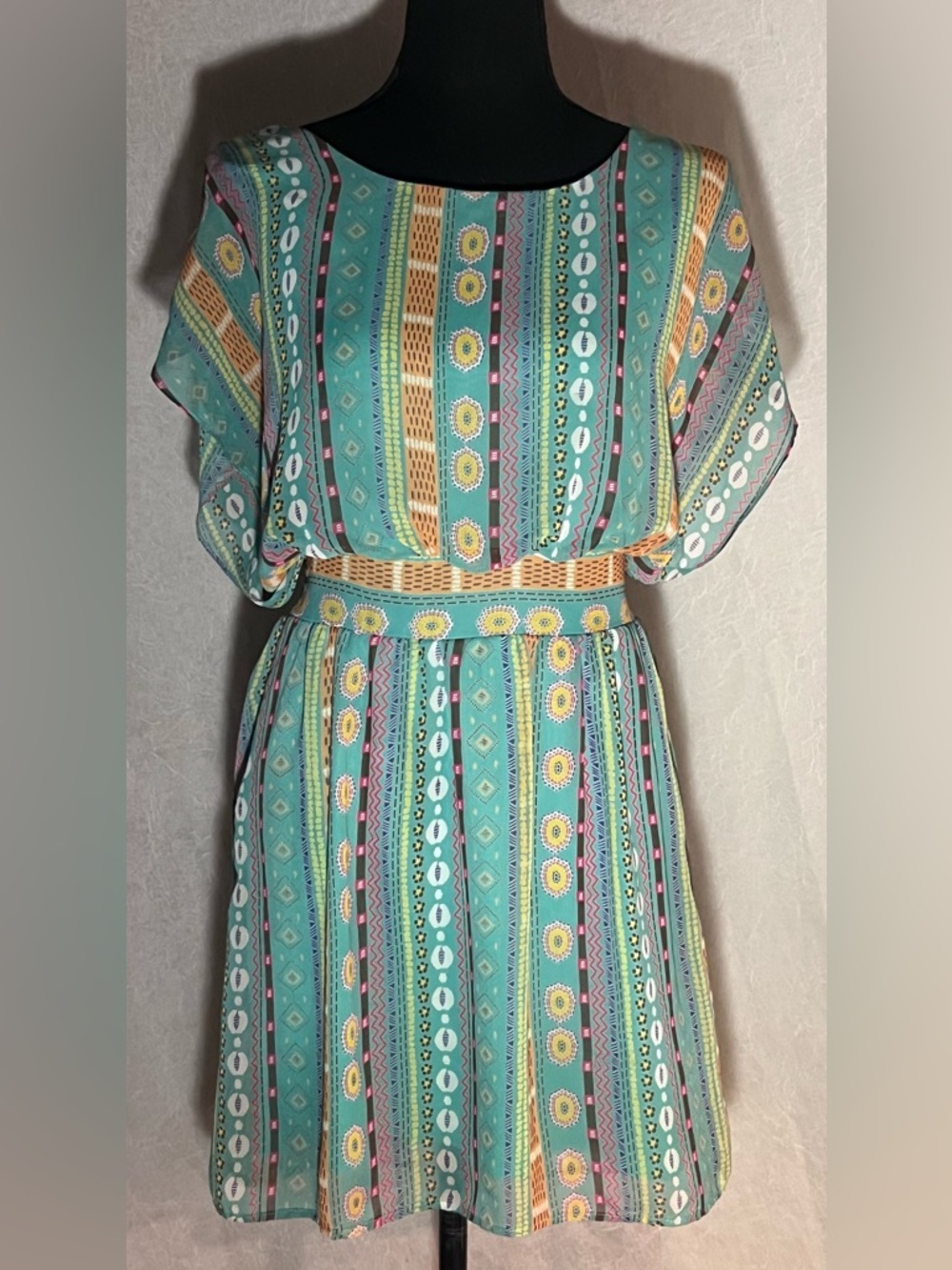 Turquoise Striped Mini Dress with Yellow Accents